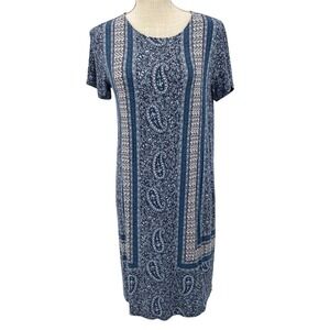 J. Jill Blue Paisley Floral Knit Shift Dress Petite Small Short Sleeve Rayon